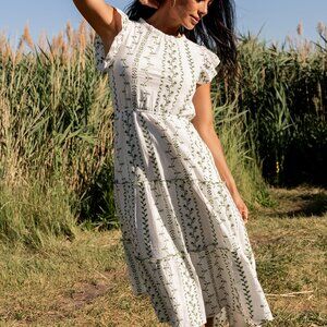 Baltic Born Frida Embroidered Midi Dress | White + Green Print Size L